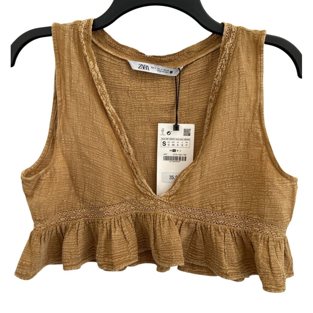 Zara Mustard Yellow Ruffled Cropped Sleeveless Top S Cotton Blend